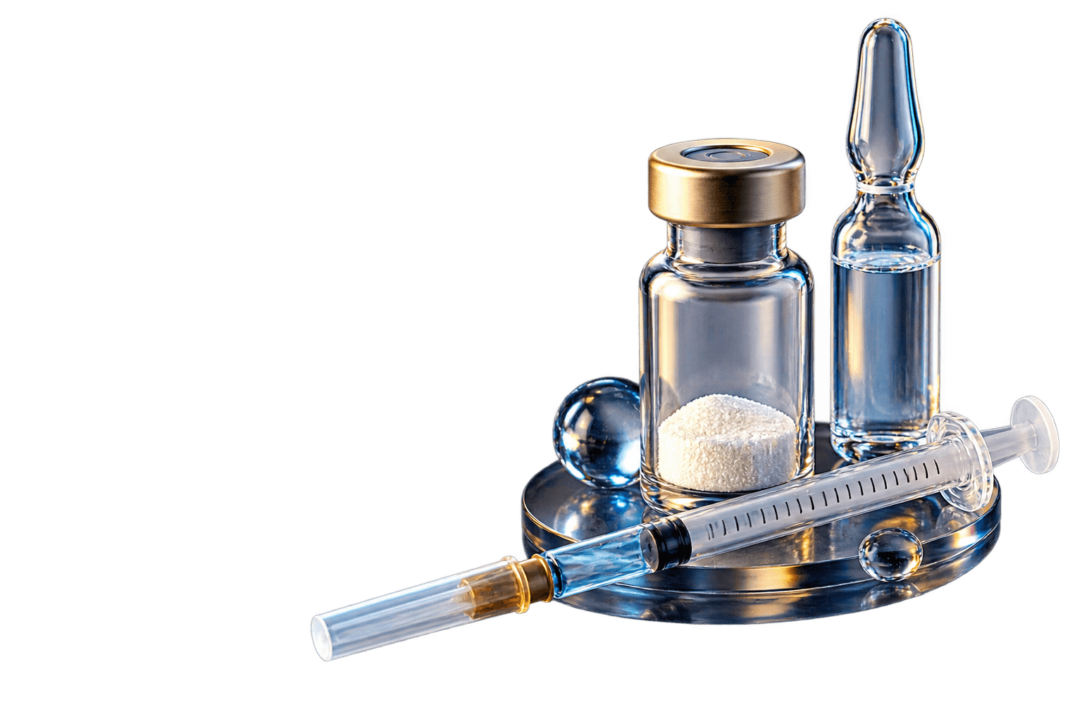 Unbeschriftetes Forschungsvial, Laborampulle und Messspritze